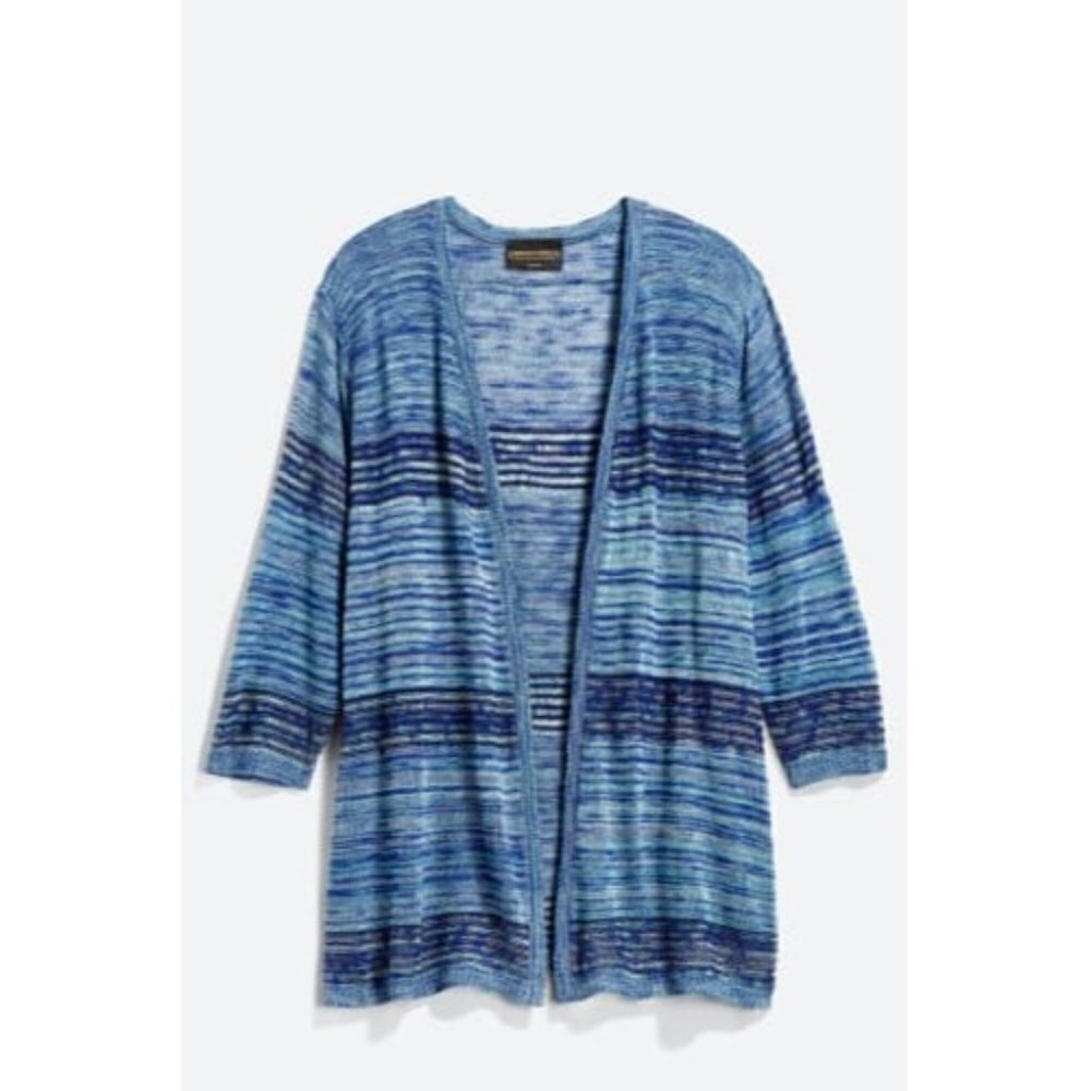 Absolutely Women's Plus Size Cladio Open Front Blue Striped Knit Cardigan
